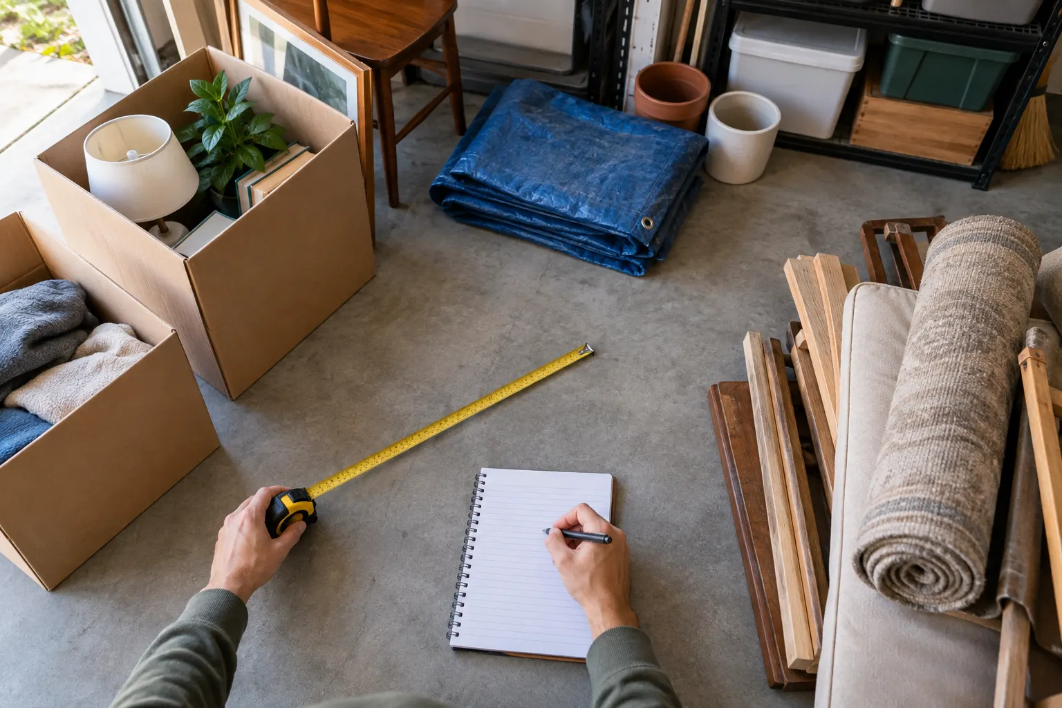 Illustrative cleanout items arranged with a tape measure and planning notebook