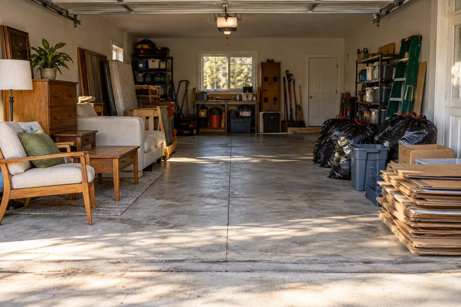 Illustrative garage with sorted furniture, bagged debris, and flattened cardboard