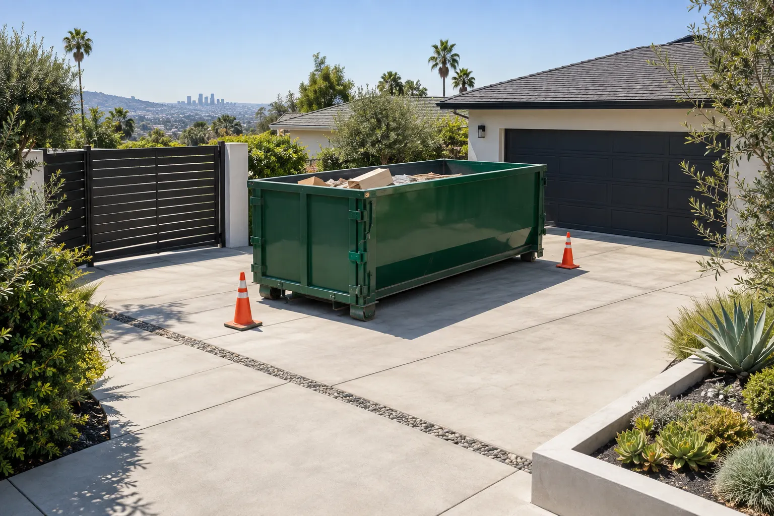 Illustrative residential dumpster positioned on a private driveway