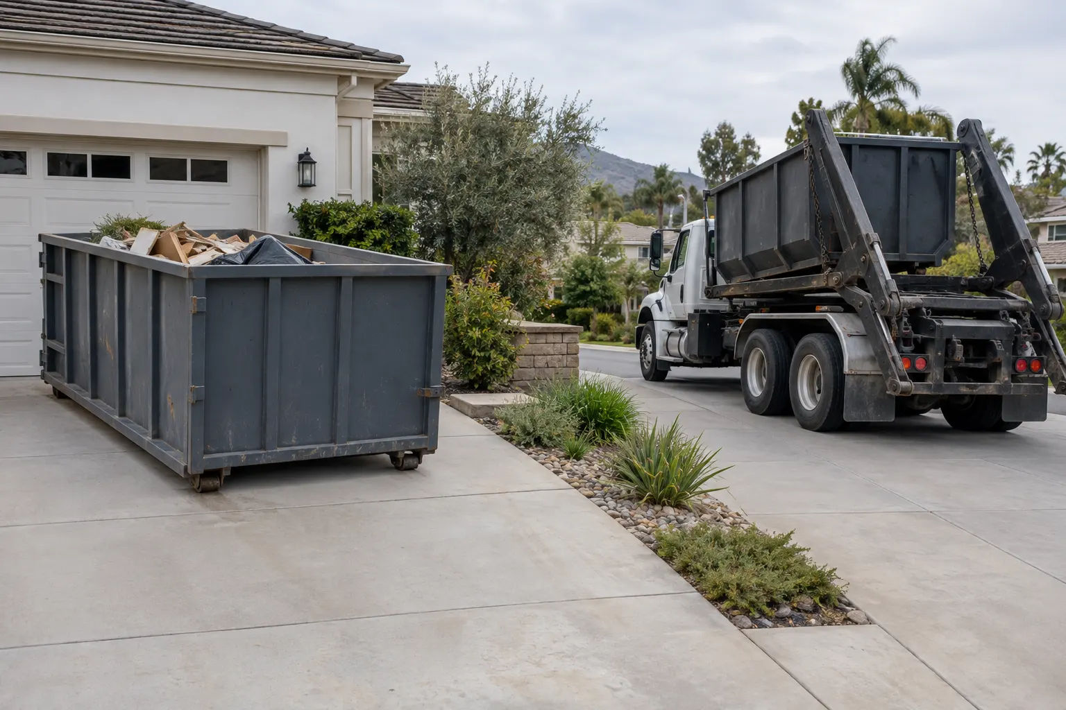 Illustrative driveway comparing a roll-off dumpster with a hauling truck