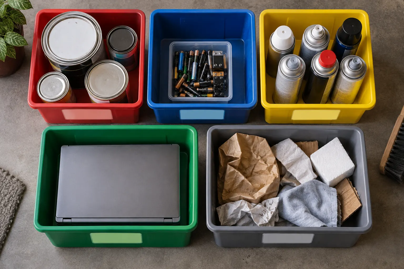 Illustrative paint, batteries, aerosols, and electronics separated into bins